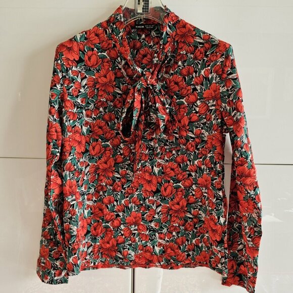 Frenchy Allover Floral Print Tie Neck Lantern Sleeve Blouse - Picture 2 of 9